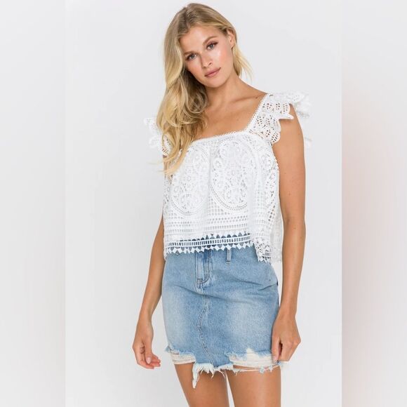 Endless Rose Lace White Crop Top Baby doll Ruffle Sleeve  NWOT Size Large - Picture 1 of 11